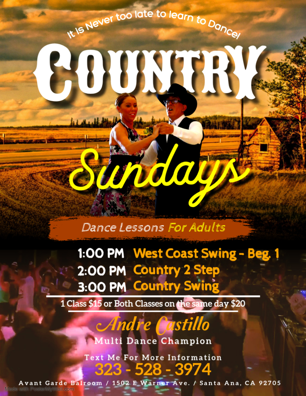 Andre Castillo Country Sundays Classes at Avant Garde Ballroom in Santa Ana, CA. 1:00 PM - Beginning 1 West Coast Swing Class. 2 PM - Country 2 Step Class. 3:00 PM - Country Swing Class.  Join Anytime!  $15 for 1 class, $20 for 2 classes on the same day or $25 for all 3 classes on the same day.